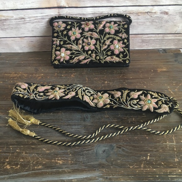 Vintage Handbags - Vintage Embroidered Velvet Clutch and Belt